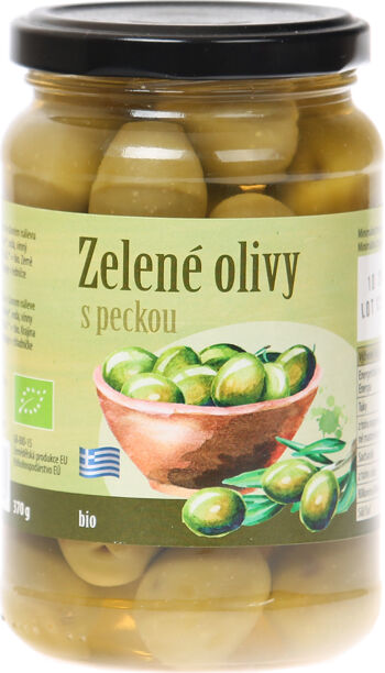 Bio zelené olivy s peckou v nálevu bio*nebio 370 g