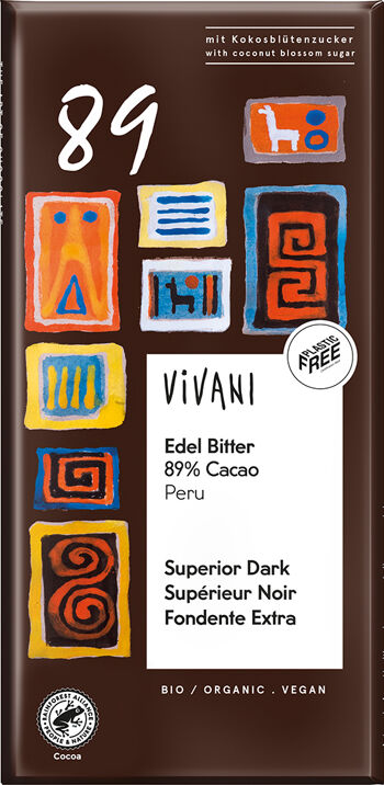 Bio hořká čokoláda 89% Peru s kokosovým cukrem VIVANI 80 g