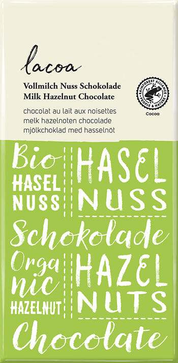Bio mléčná čokoláda s lískovými oříšky LACOA 80 g